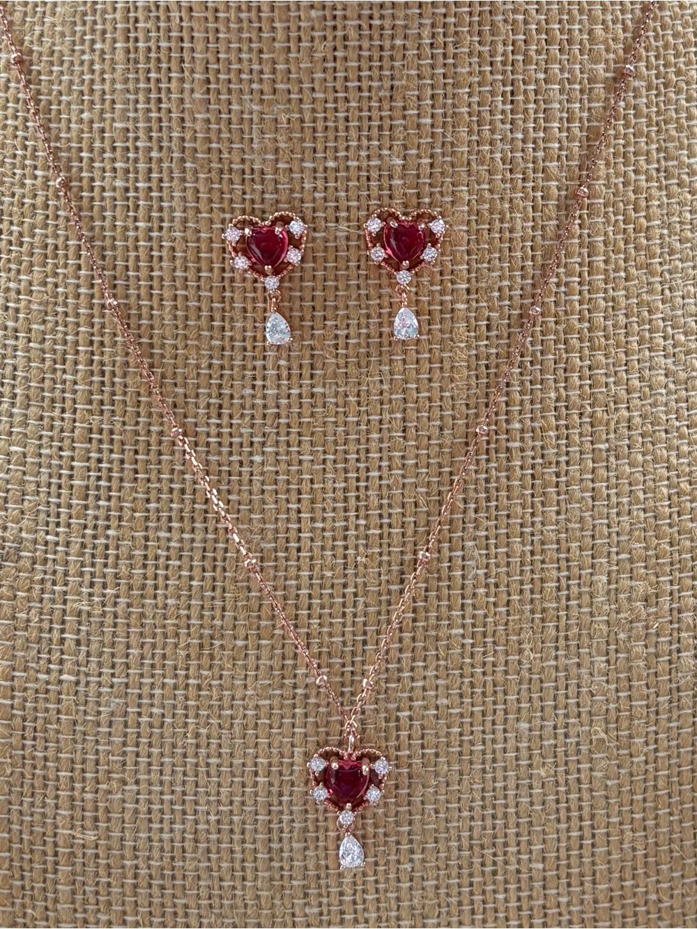 Heart Gem Rose Gold Plated Sterling Silver Necklace Earrings Set Pink Stones
